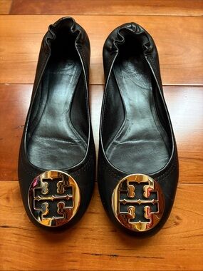 Tory Burch Black Leather Reva Flats with Gold Logo Medallions